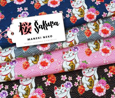 Baumwollsweat SAKURA Maneki Neko Blue Navy Hamburger Liebe